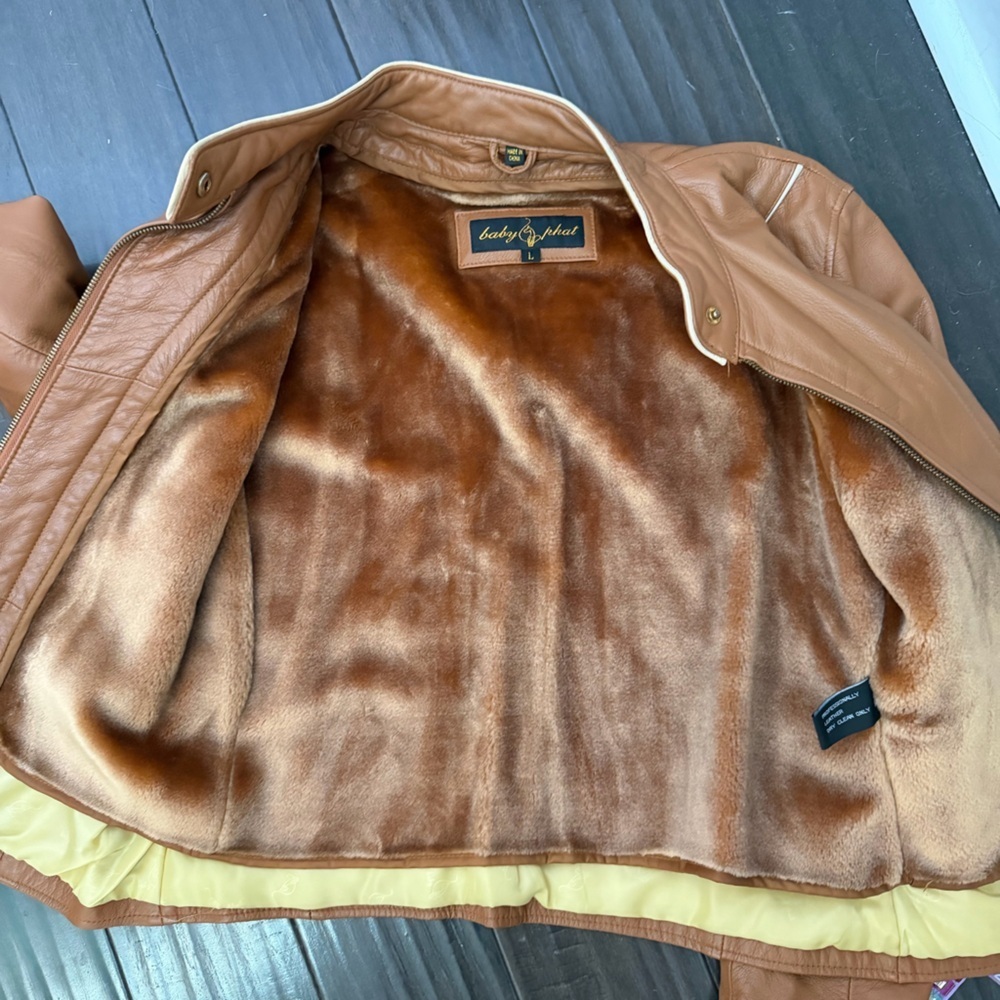 HTF Y2K Vintage Baby Phat Genuine Leather Moto Jacket Brown Size Large - Picture 14 of 15